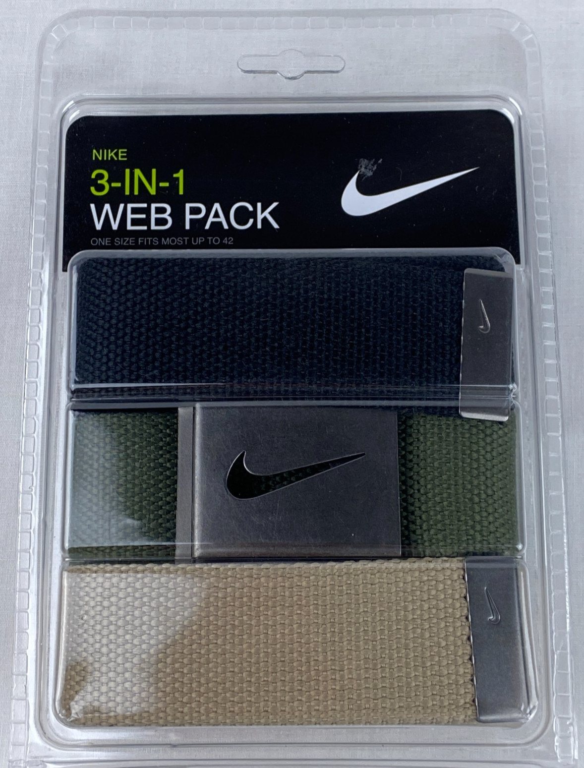 Nike 3 in 1 Web Pack Belt One Size Fits All Up to 42″ Black Olive Khaki 1.5″ B12