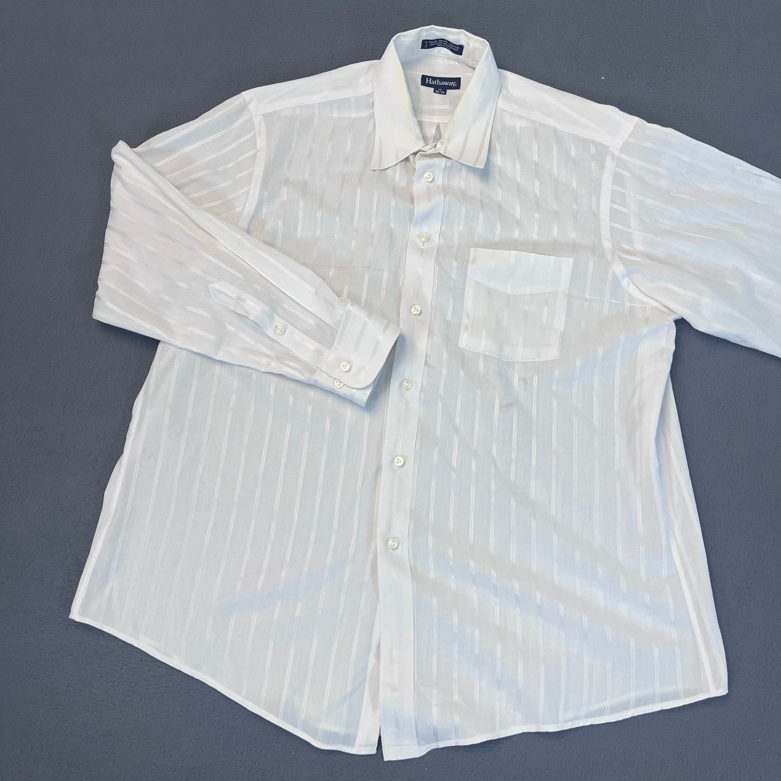 Hathaway Mens White Striped Dress Shirt 17 32/33 Pinpoint Oxford Button Down USA
