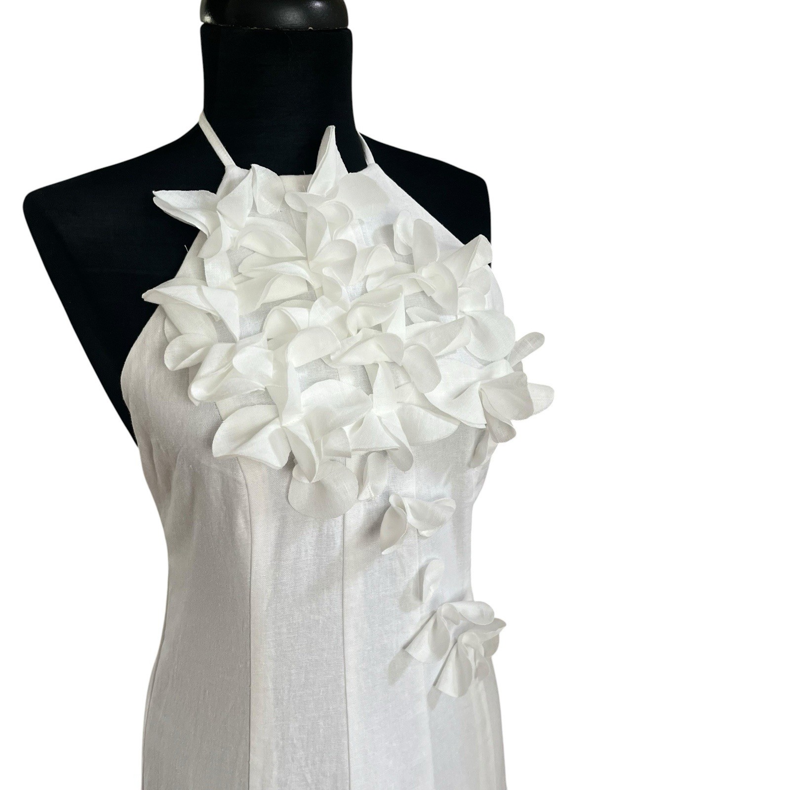 Caroline Constas Floral 3D Applique Halter Maxi Dress 10 White Linen Resort Euro