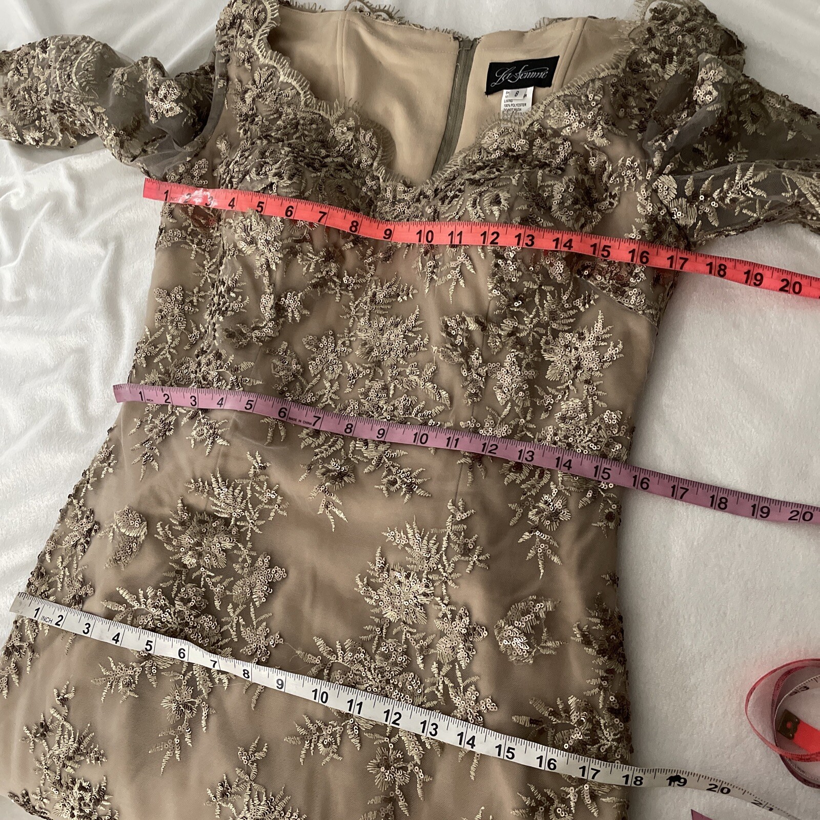 NEW $378 La Femme [ 8 ] Embroidered Sheath Cocktail Dress in Champagne #S179