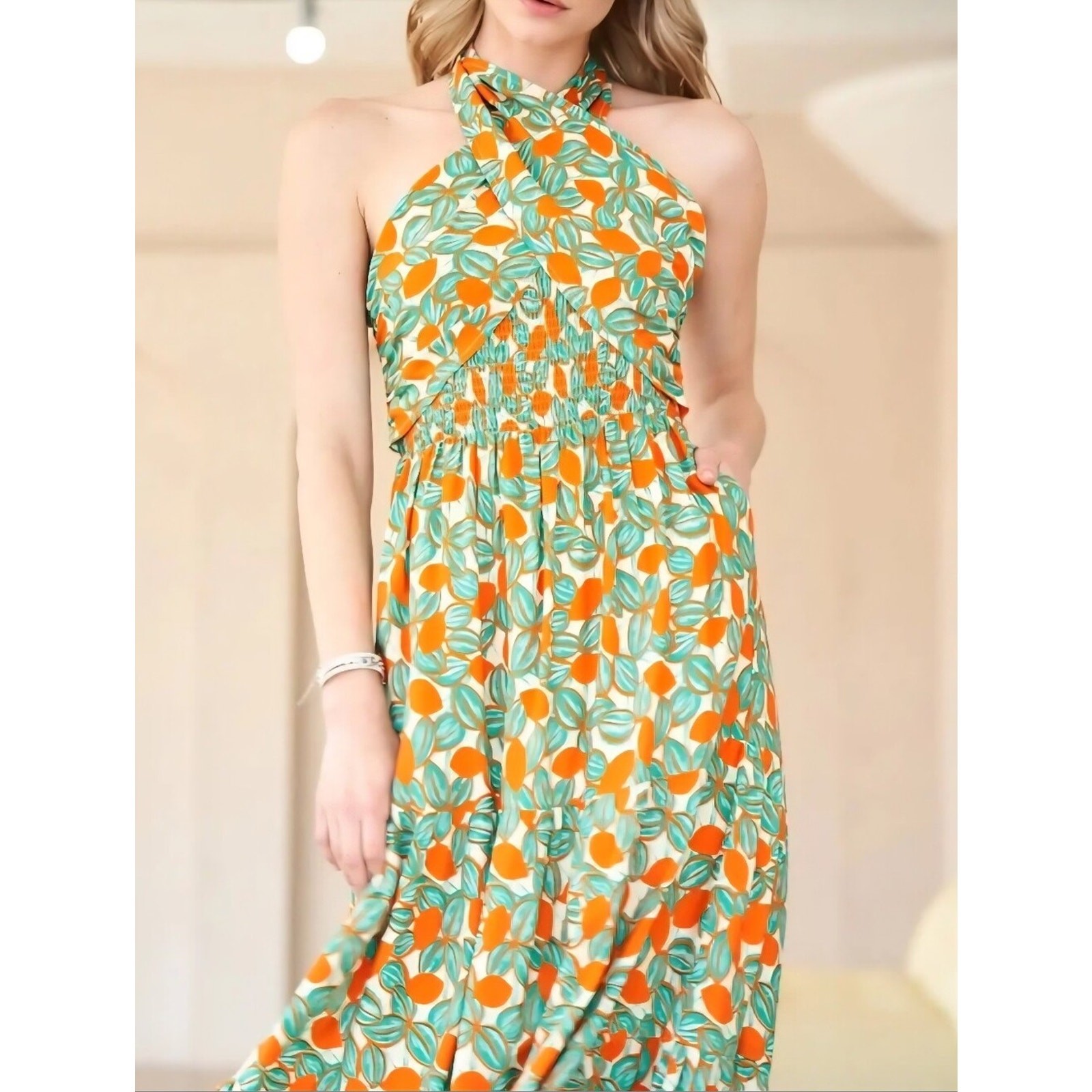 Davi & Dani 2XL Citrus Print Halter Maxi Dress Smocked Top NWT Lined Resort Boho