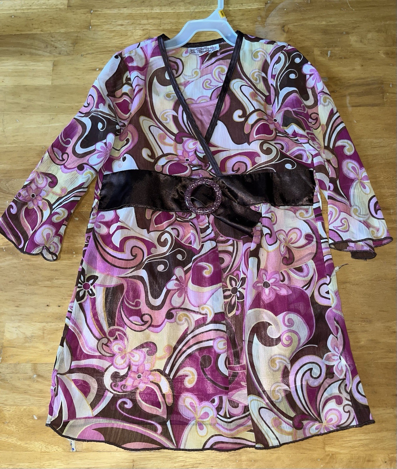 Girls S 6/7 Dress Pink Slip W/ Brown Retro Sheer Overlay 5 6x Small