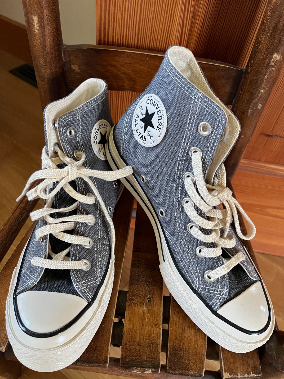 Chuck Taylor Converse Gray Blue Denim w Cream High Top Tennis Shoes Women’s Size