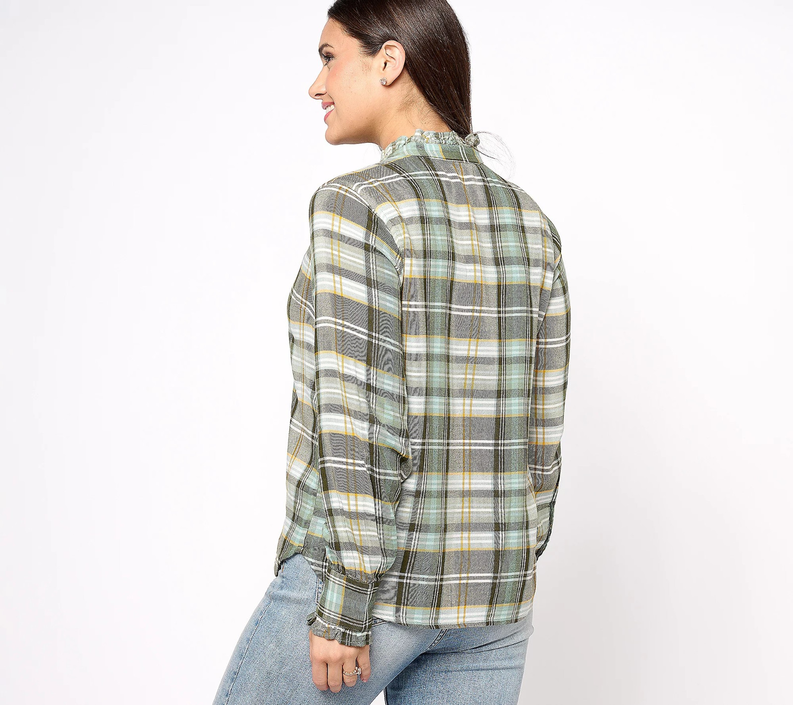 Encore x Idina Menzel Semi-Fitted Ruffle-Trim Blouse – Women’s XS – Denim Plaid