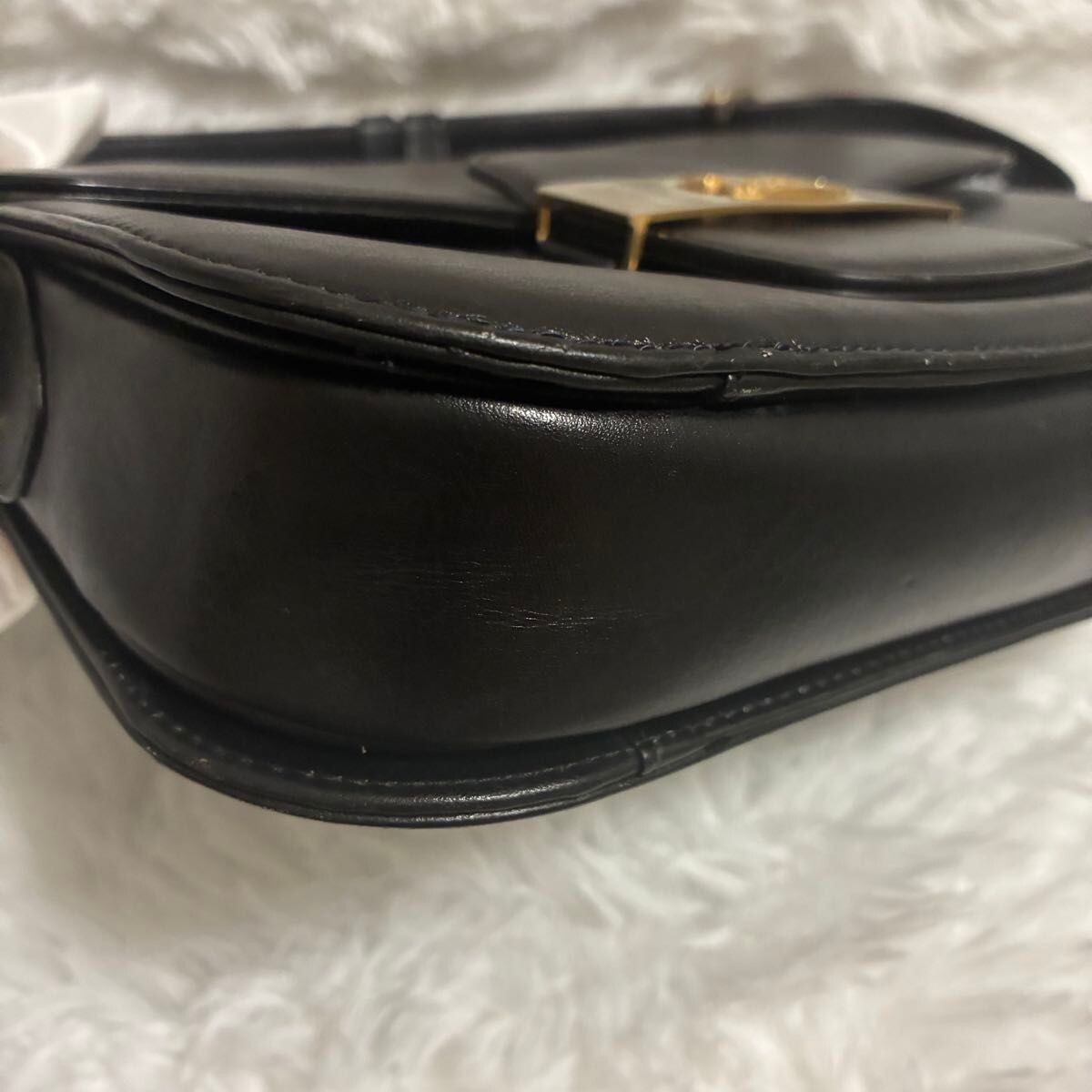 CELINE Black Leather Horse Carriage Buckle Shoulder Bag Gold Italy 22cm
