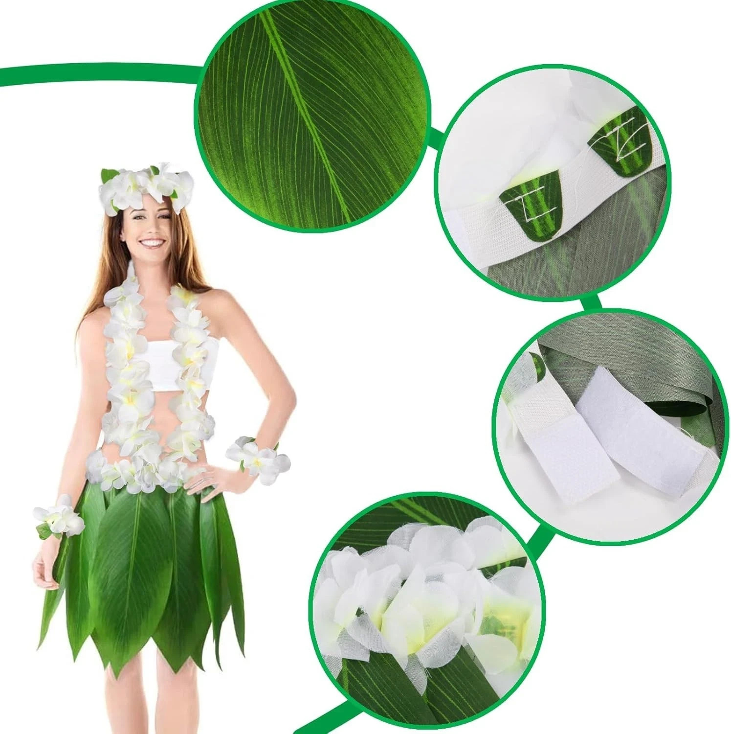 DomeStar Leaf Hula Skirt and Garland Set, Hawaiian Style Halloween Dress Costume