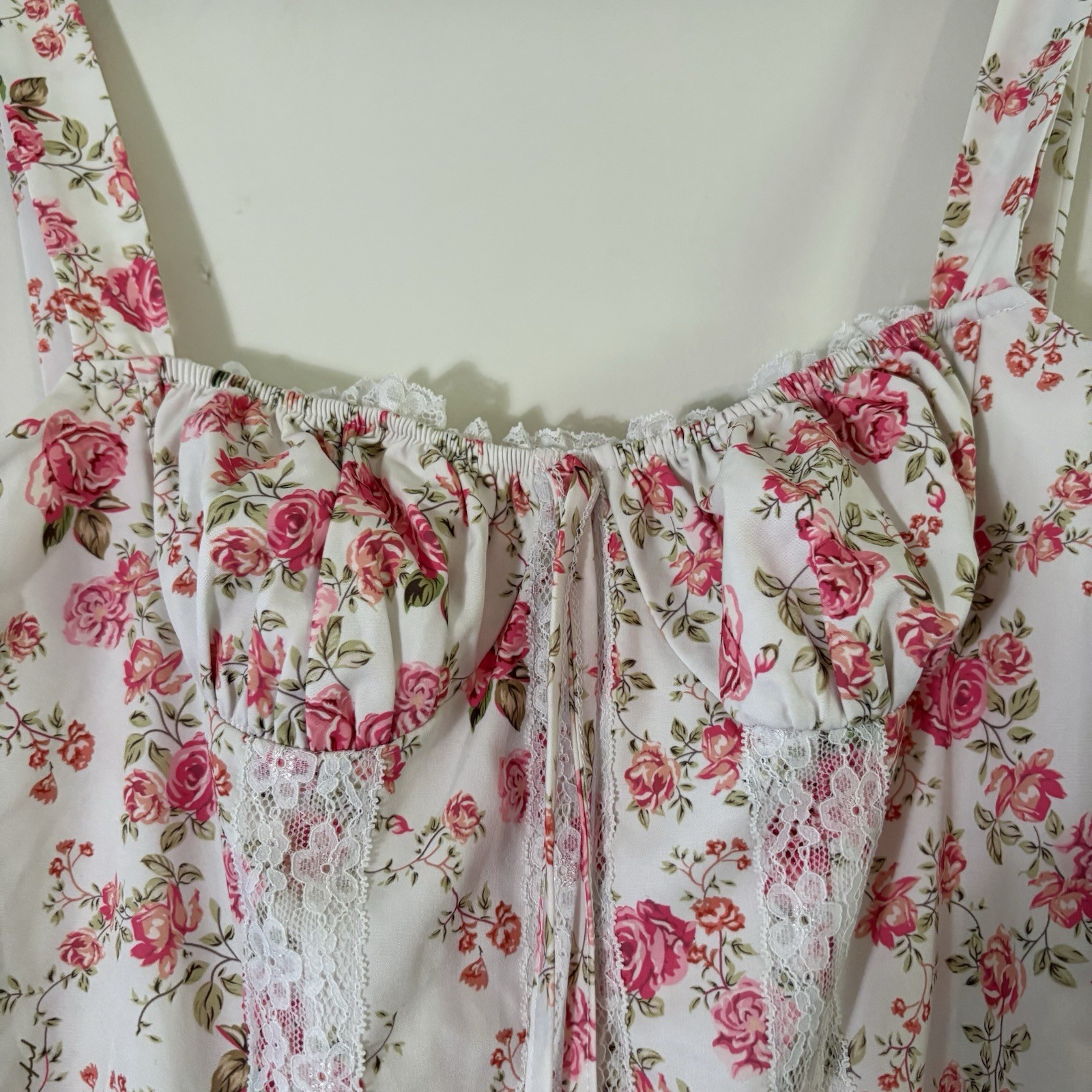 Women’s M White Pink Green Floral Fit & Flare Square Neck Lace Trim Dress