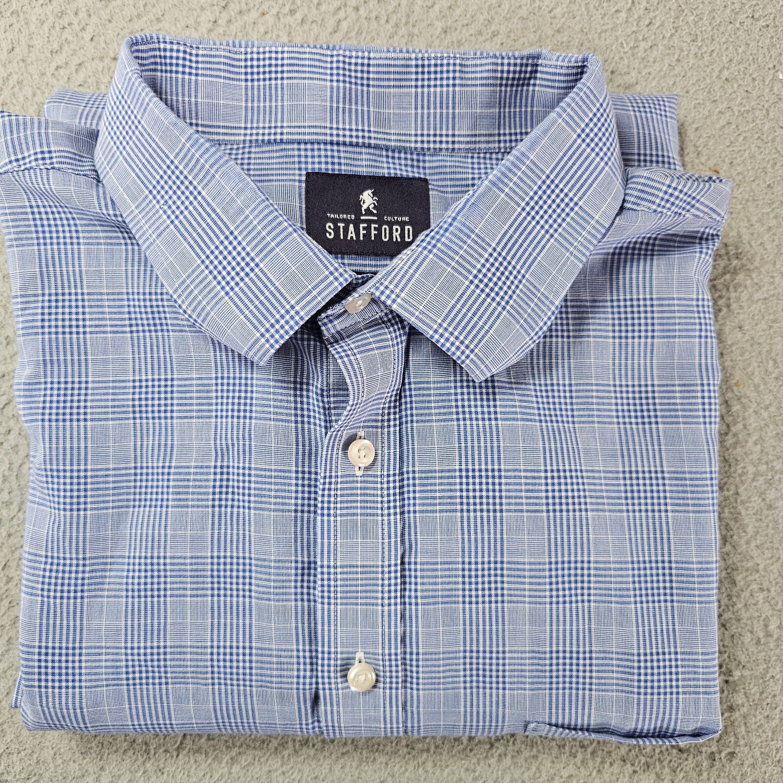 Stafford Dress Shirt Men’s 18 34/35 Blue Check Travel Broadcloth Long Sleeve