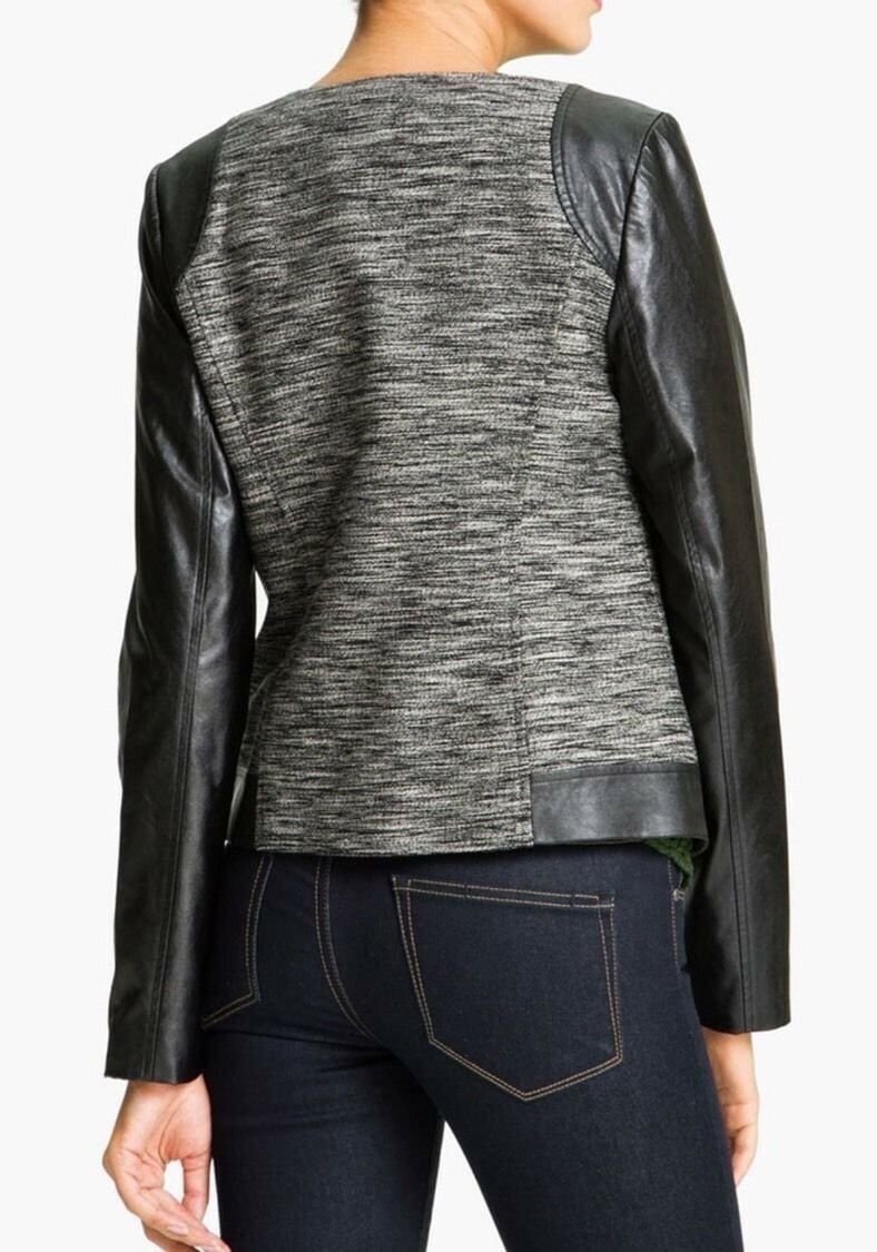 Trouvé Womens Faux Leather Sleeve Tweed Motorcycle Jacket Gray/Black Size Small