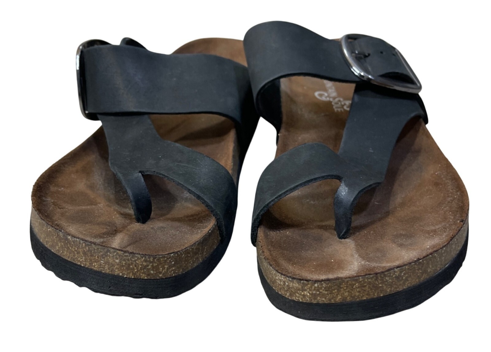 Mountain Sole Leather Sandal Black Toe Loop Silver Buckle Size 8 (READ)