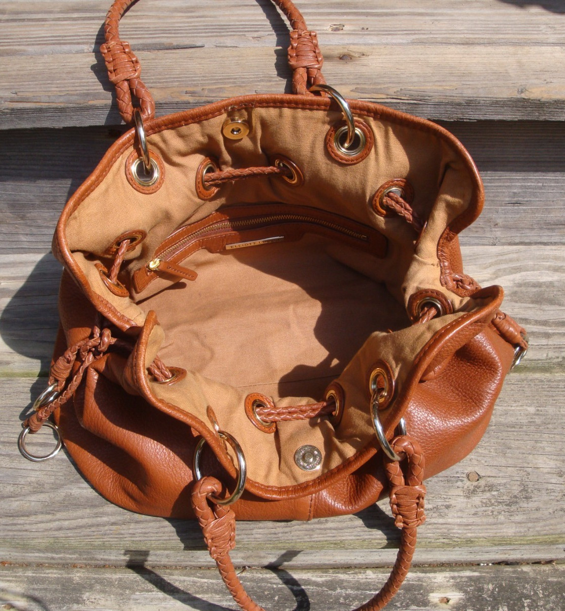 ELLIOTT LUCCA Brown Leather Tote Satchel Handbag Shoulder Hobo Large Drawstring