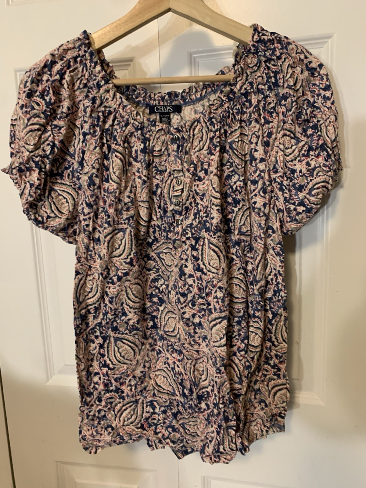 Chaps Womens XL Floral Print Round Neck Cap Sleeve Blouse Top Pink Blue Paisley
