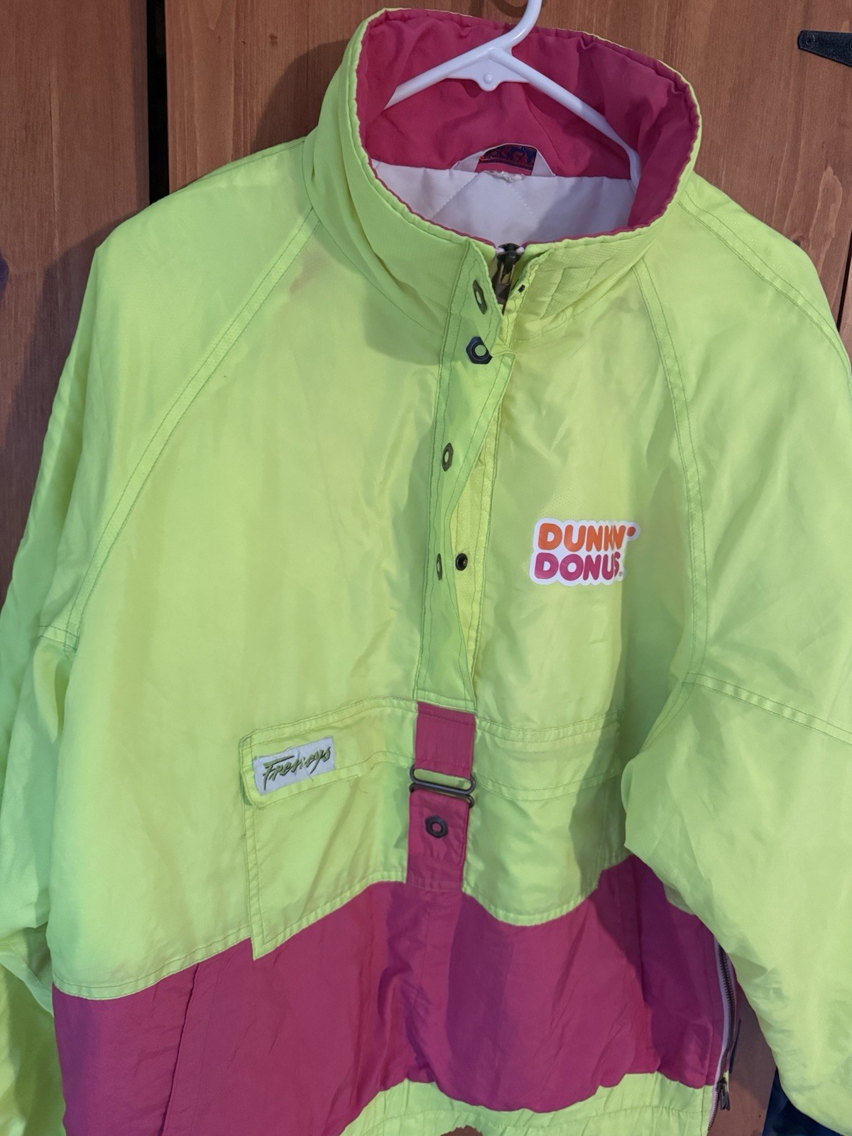 Vintage Dunkin Donuts Jacket Neon Yellow 90s Popup Windbreaker Size Large