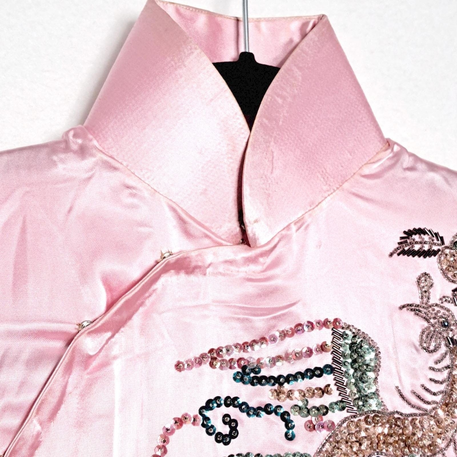 Vintage 50s 60s Pink Silk Satin Cheongsam Qipao Phoenix Sequin Beaded Dress S