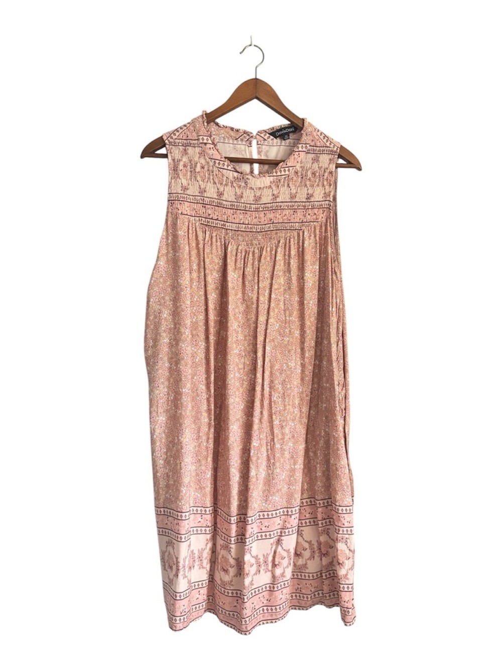 Davi + Dani Boho Light Pink Patterned Cottagecore Smocked Sleeveless Dress, 3X
