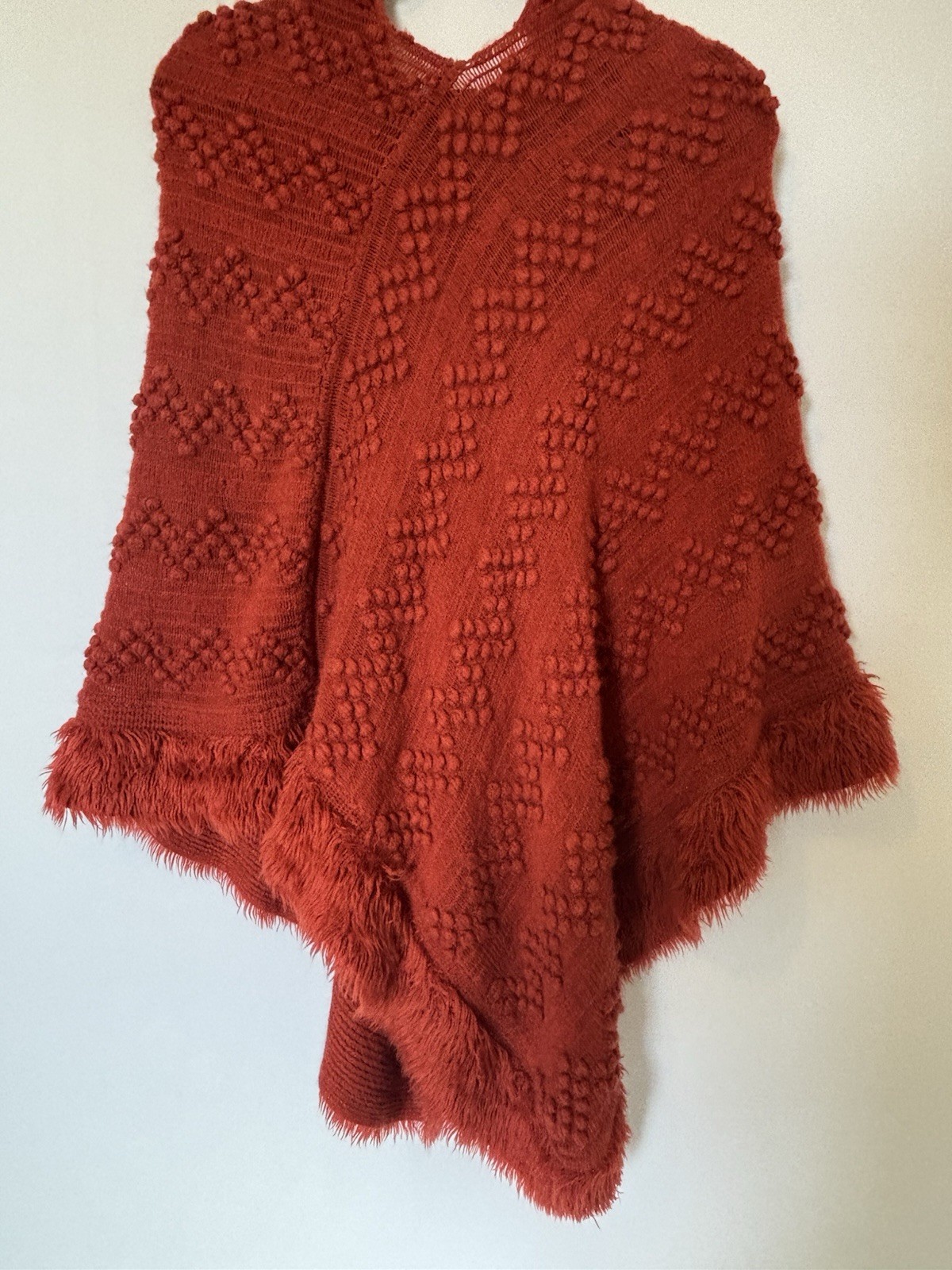 Coco + Carmen Rust Red Popcorn Textured Knit Hooded Fringe Poncho Cape One Size