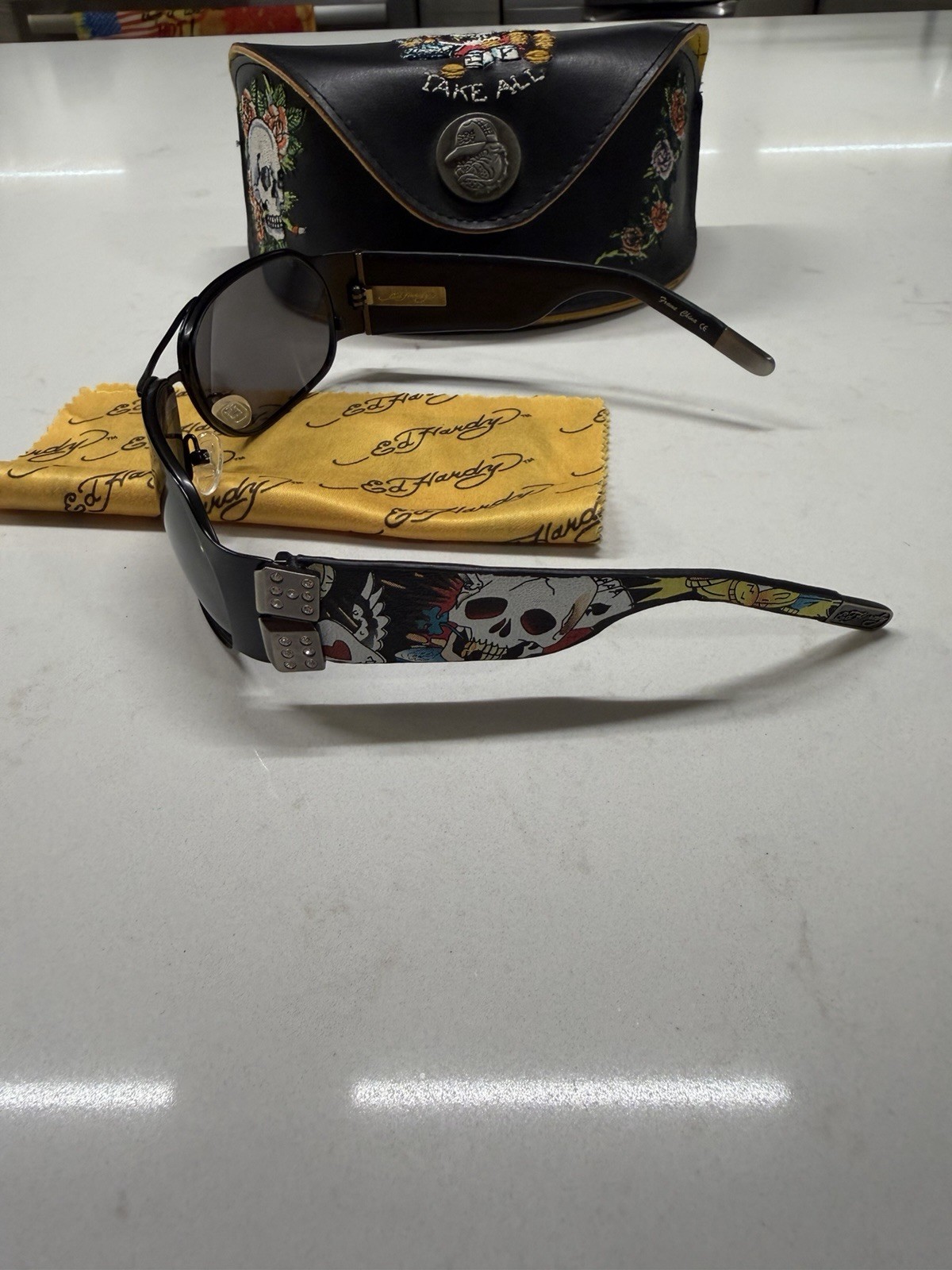 Vintage Y2K Ed Hardy Black Leather Sunglasses With Case Rare