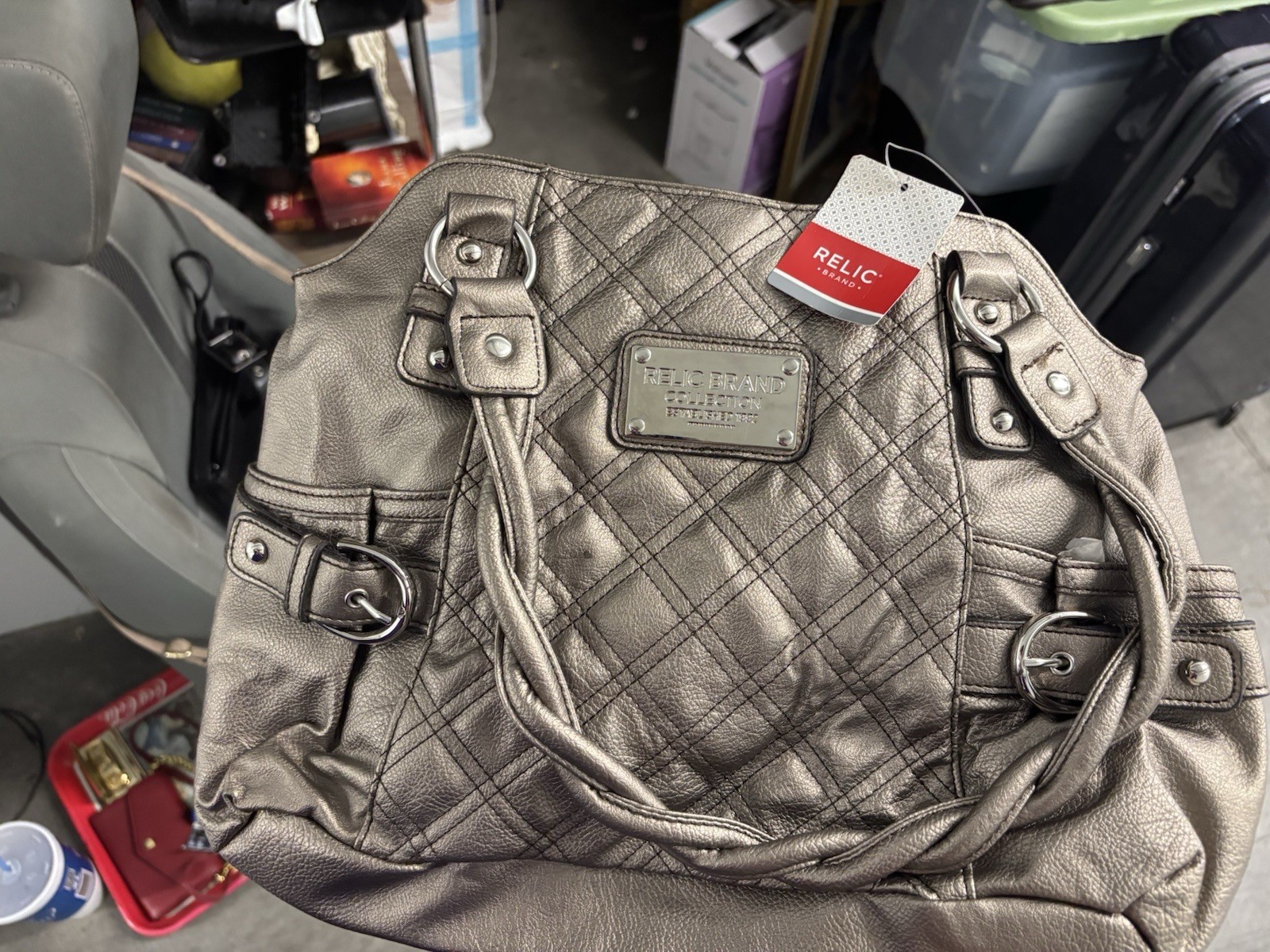 Relic Metallic Gray Quilted Satchel Top Handle Silver Hardware Zip, Magnetic