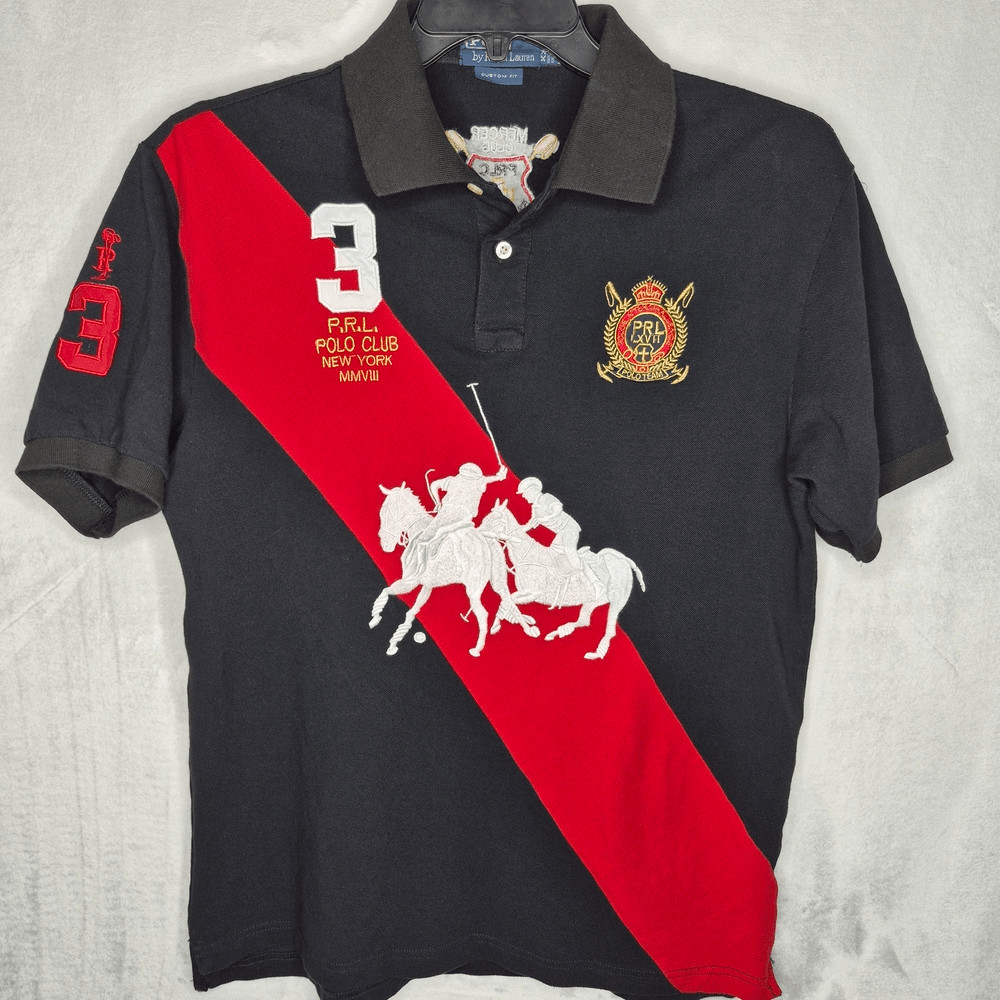 Black Polo Shirt with Red Stripe and Embroidery