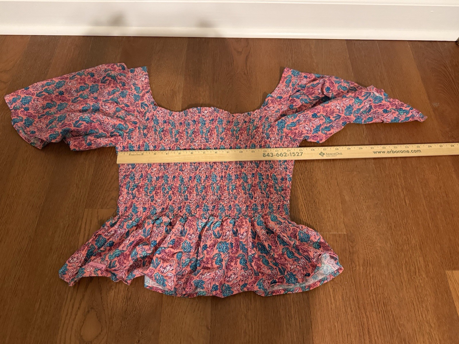 Simply Southern Smocked Seahorse Peplum Top Pink Blue Coastal Flutter Sleeve M⁠