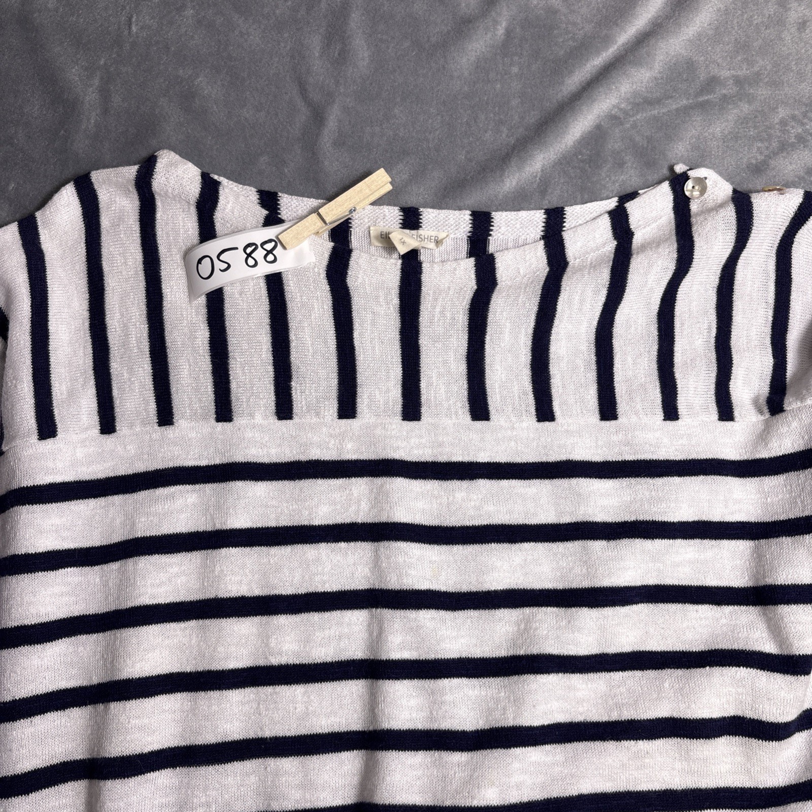 Eileen Fisher Womens Navy & White Linen Cotton Stripe Knit Sweater 1X Drapey