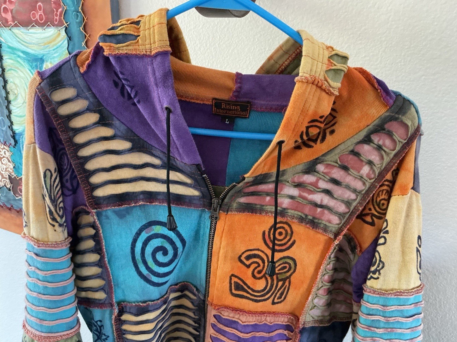 Rising International Boho Patchwork Hoodie L – Nepal Cotton Festival Jacket Boho