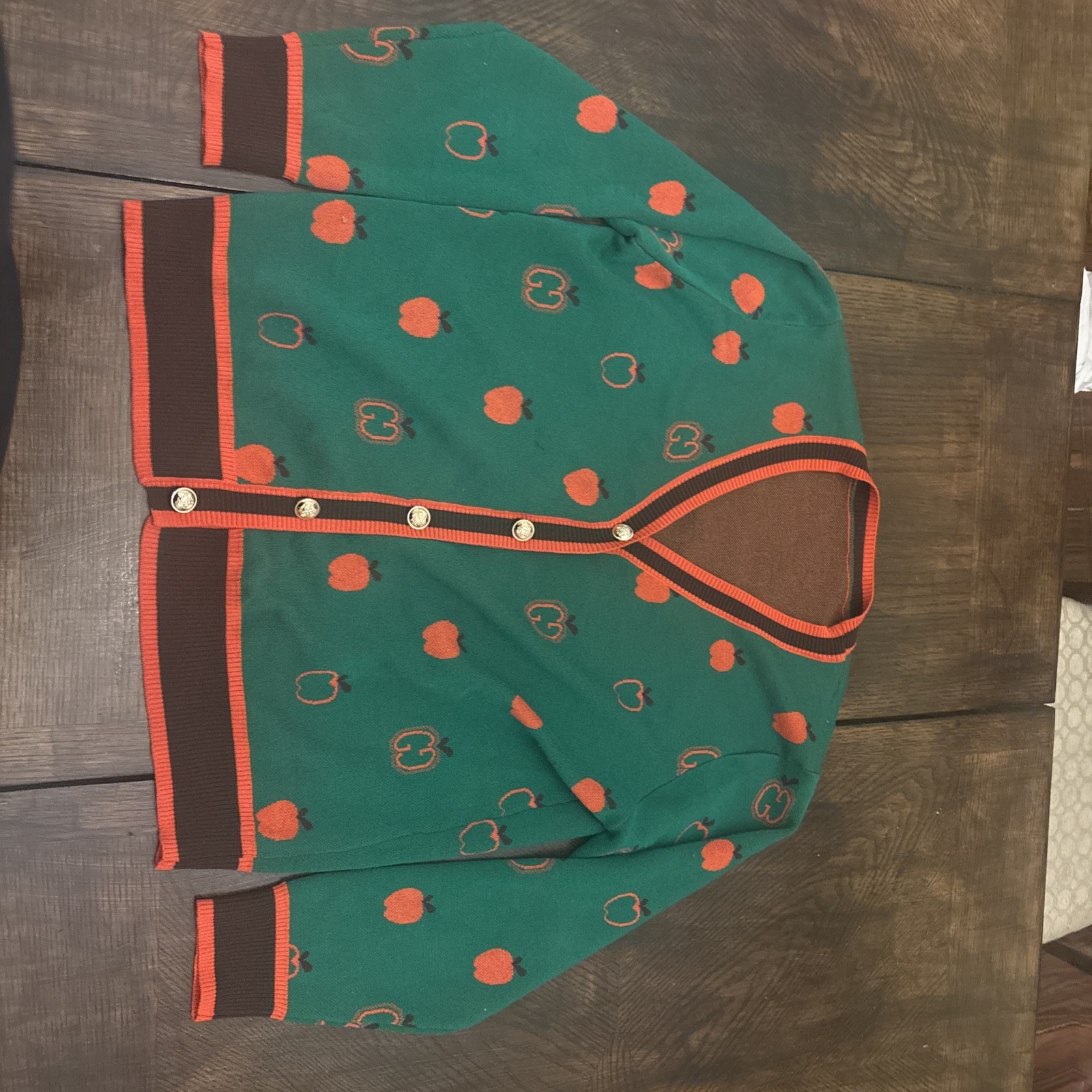 Womens Long Sleeve Teacher Sweater Green Brown Orange Apple Pattern Size Large
