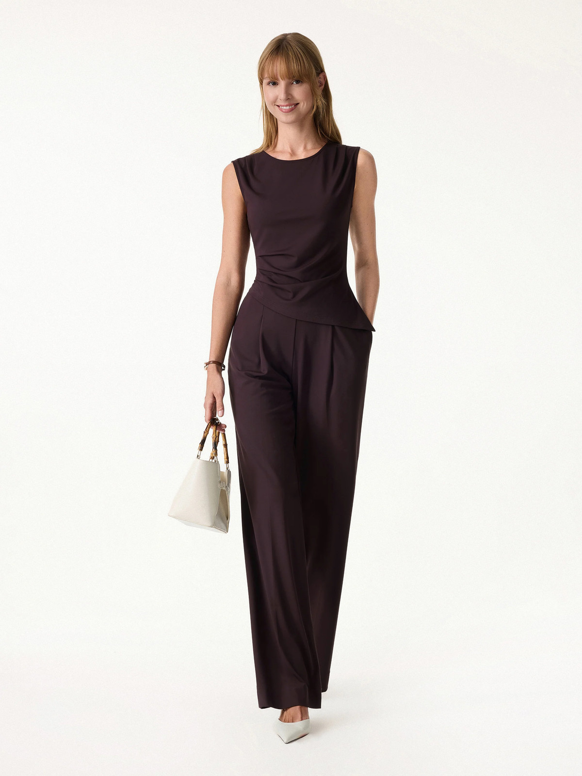 2Pcs Set Tucked Asymmetrical Hem Top & High Rise Wide Leg Pant