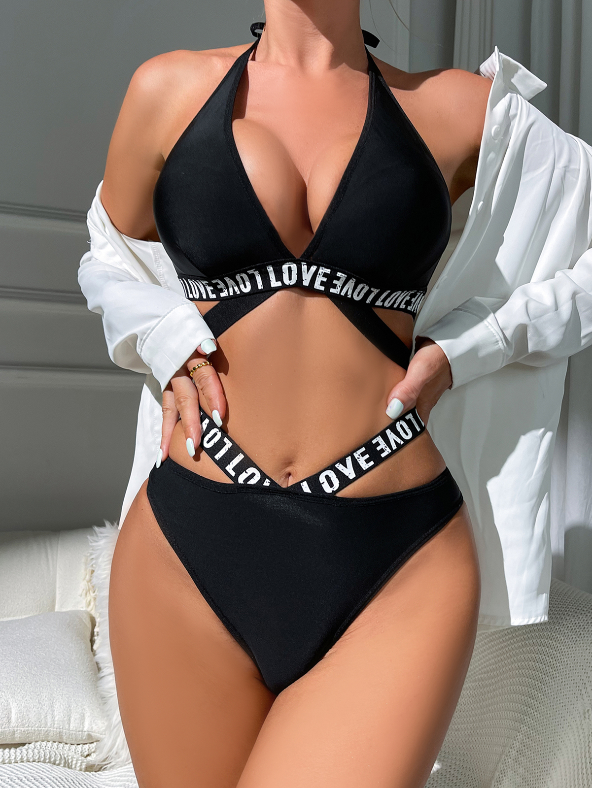 Women’s Letter Print Belted Halter Bra and Panty 2 Piece Sexy Lingerie Set
