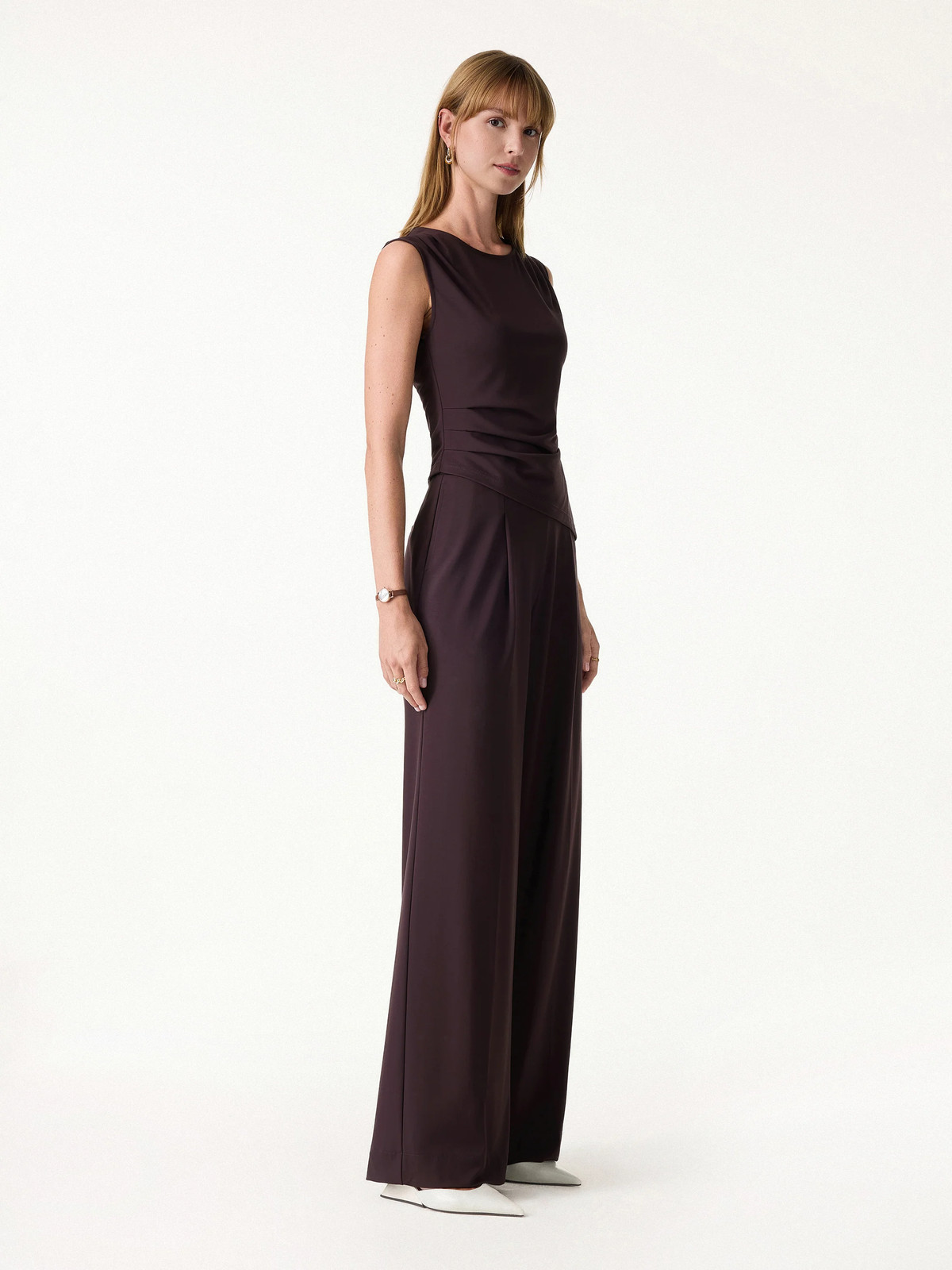 2Pcs Set Tucked Asymmetrical Hem Top & High Rise Wide Leg Pant