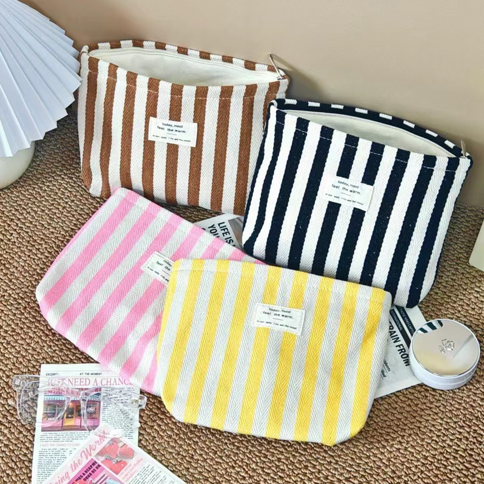 RSRSLEII Striped Canvas Makeup 9.8inches x6.3 inches x 2 inches, 03Yellow