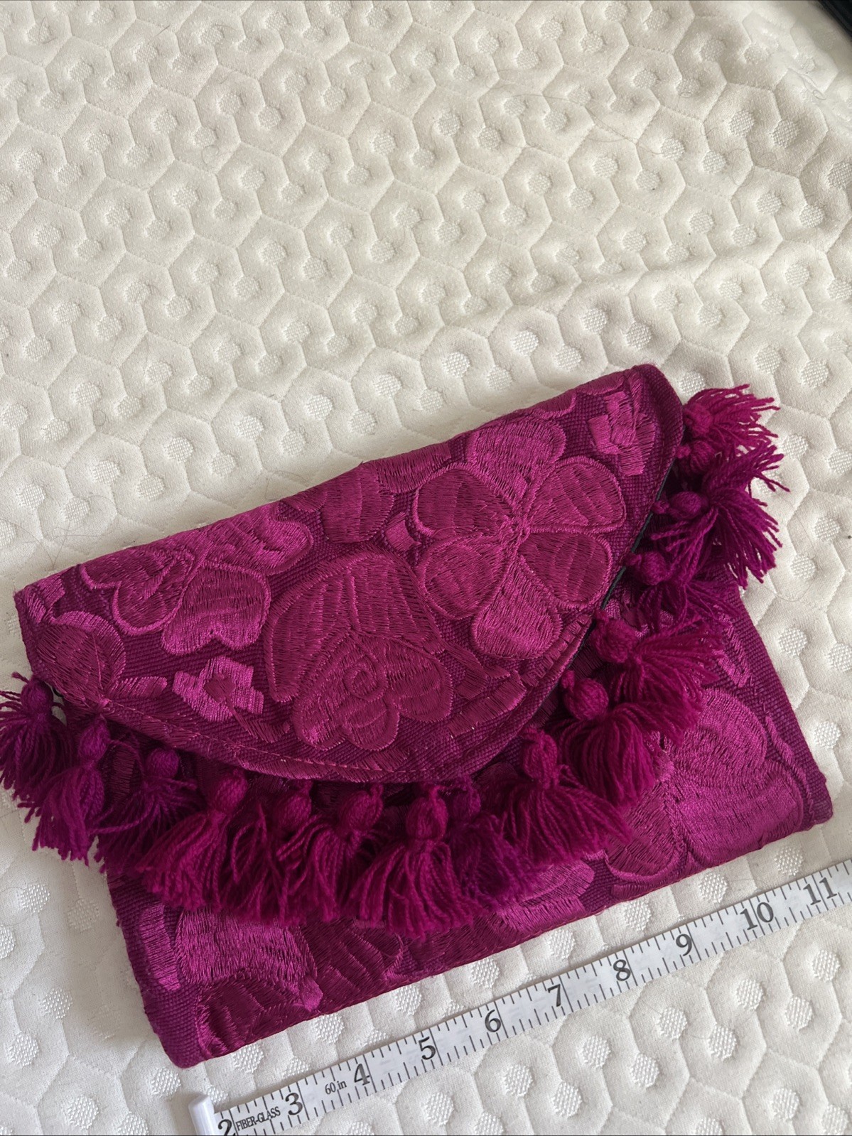 Mexican Embroidered Hot Pink Tassels Envelope Clutch Crossbody Purse