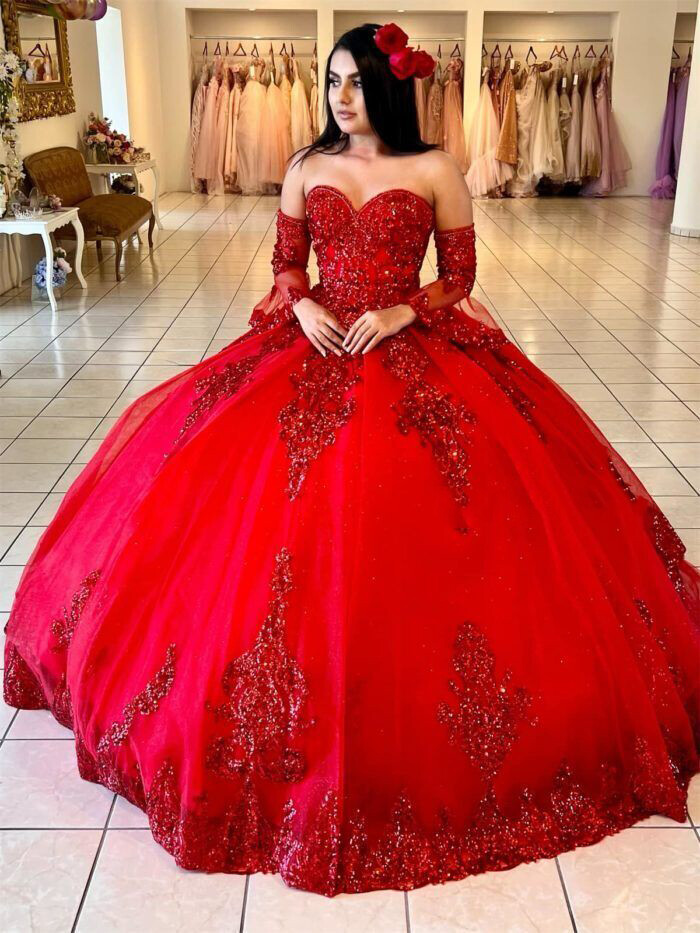 Red Quinceanera Dresses Sweetheart Detachable Sleeves Beaded Ball Gowns Sweet 15