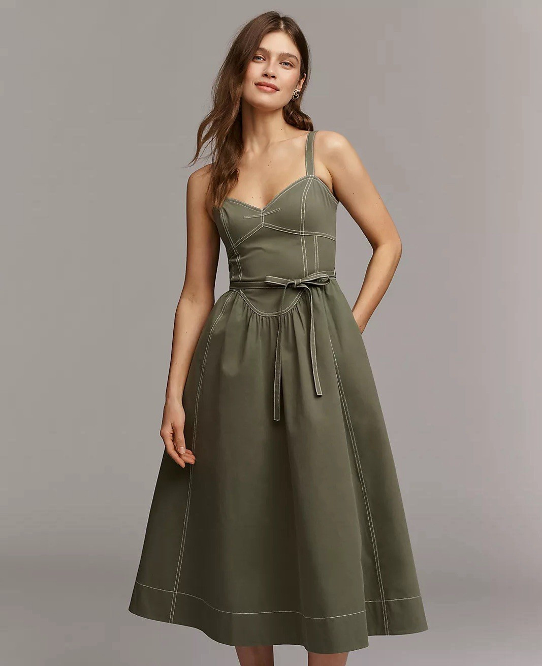 Mare Mare green solid square neck sleeveless tie waist a-line midi dress size L