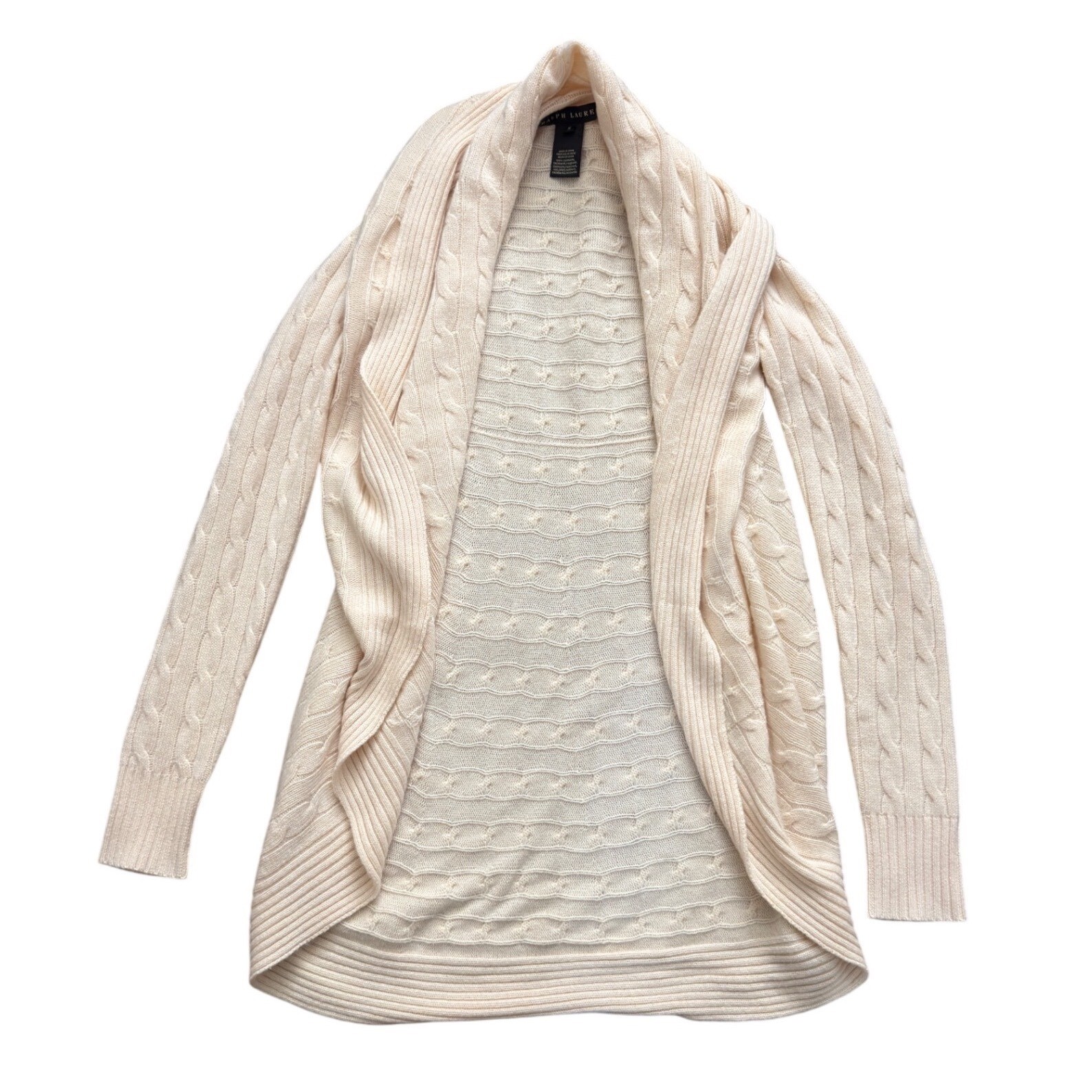 Ralph Lauren 100% Cashmere Cream Knit Open Front Cardigan Sweater Fisherman