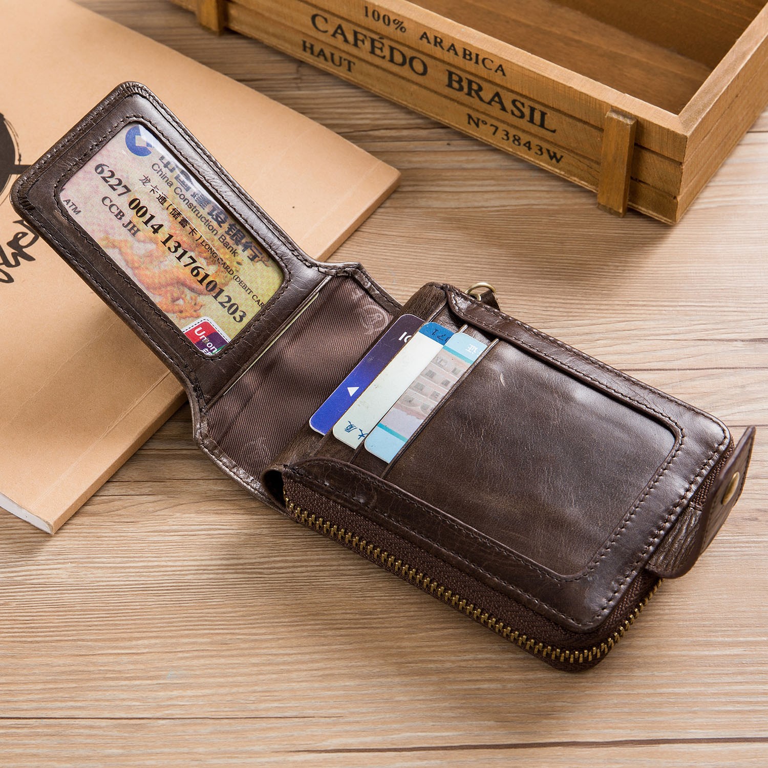 Retro Men Wallet Genuine Leather RFID Blocking Bifold with Zipper Coin Pocket