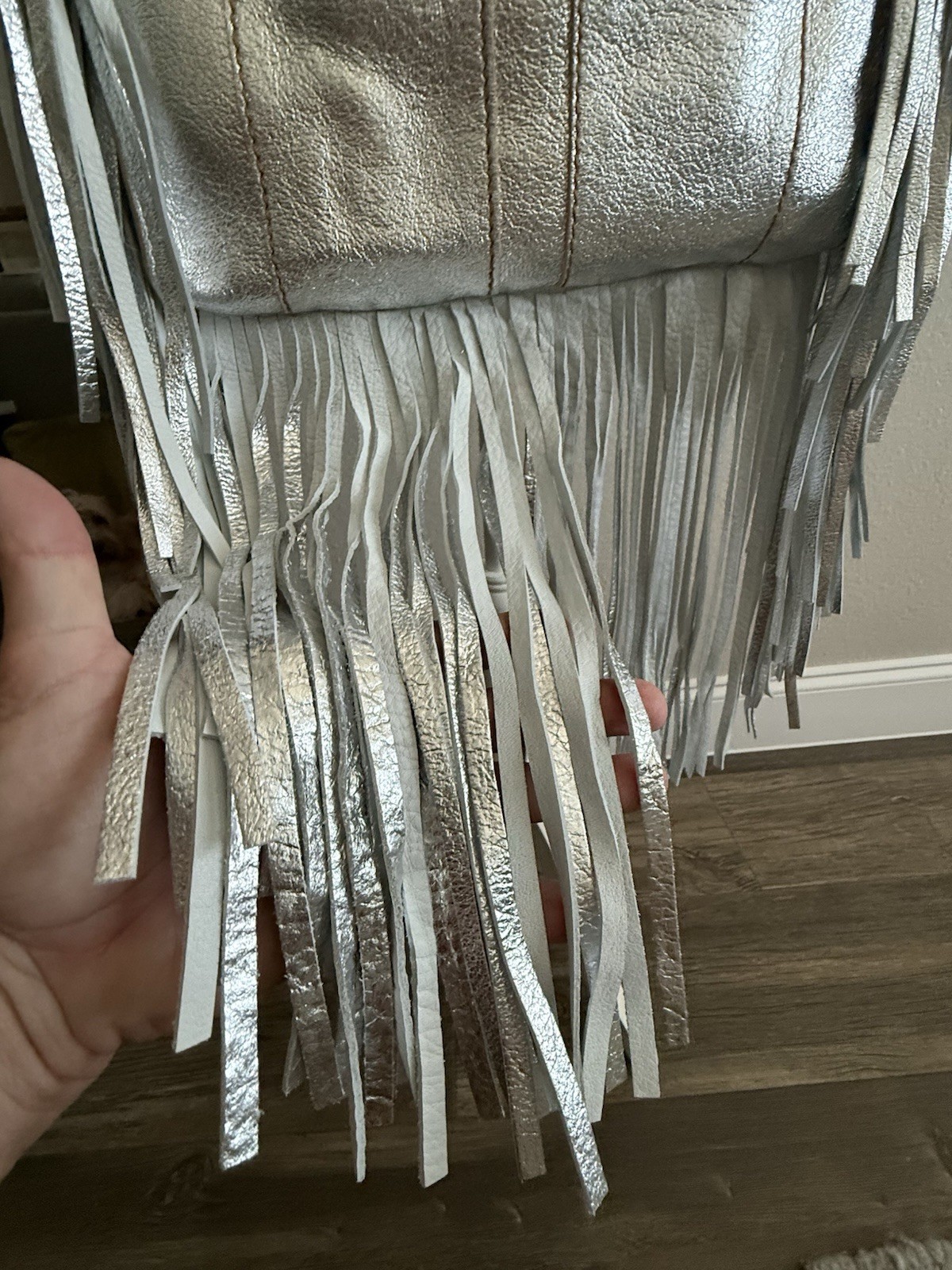 $475 RAMY BROOK Leather Silver Lame’ Large Sachel Messenger Bag Fringe Purse