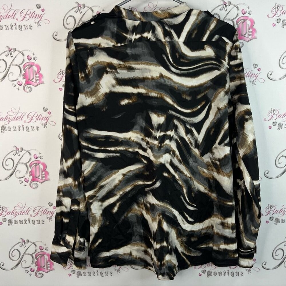 Calvin Klein long sleeve blouse multicolor brown black tan Zebra Print Blouse