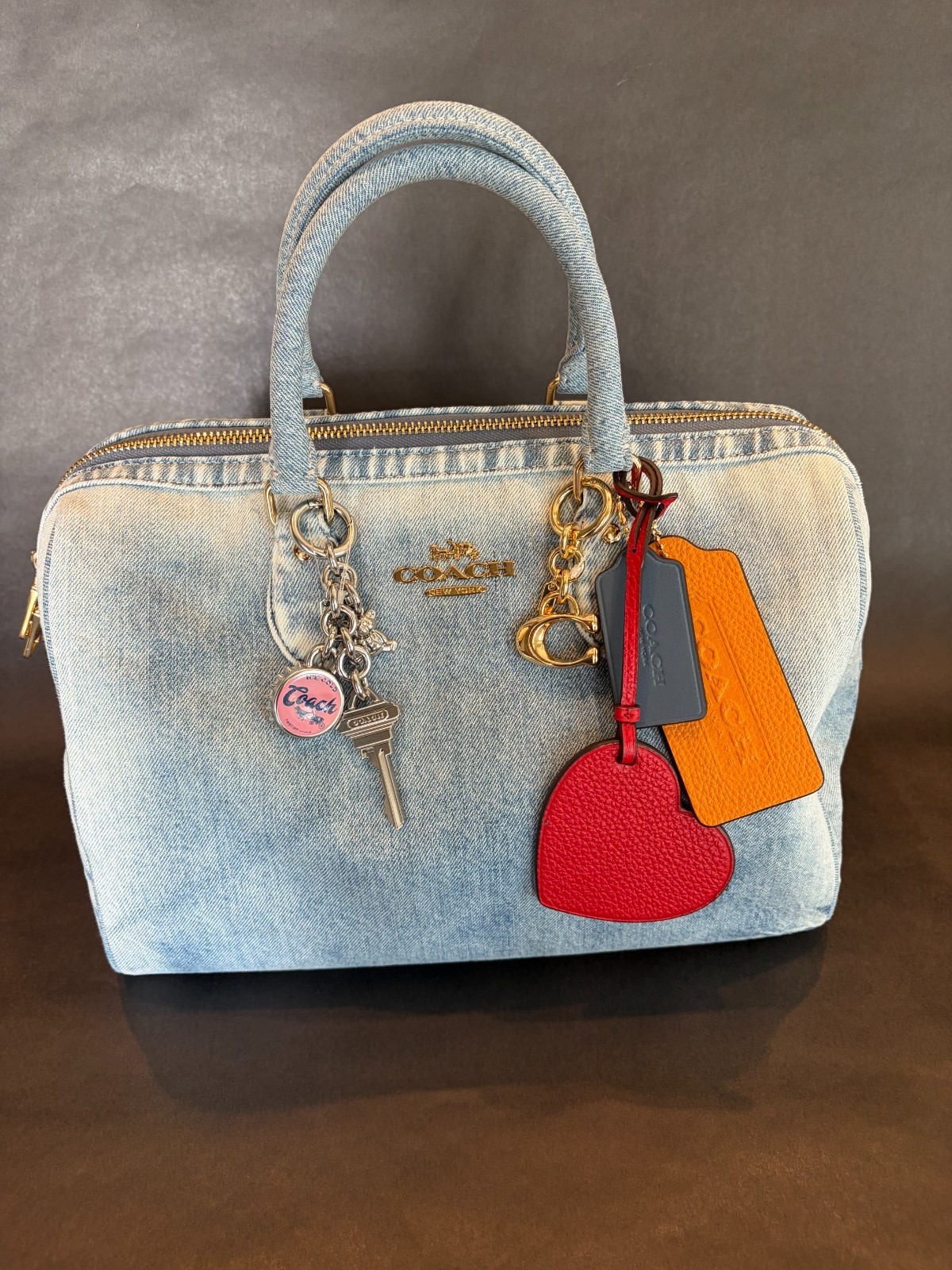 NWT Coach CDY75 Rowan Large Satchel Bag In Loved Denim With Charms Light Indigo