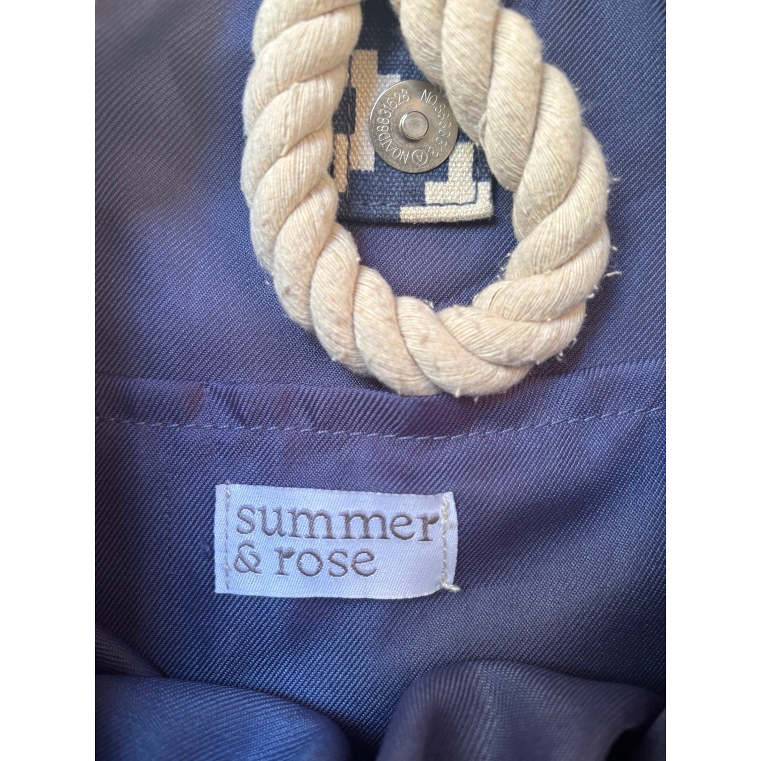 Summer & Rose Blue & Ivory Geometric Rope Handle Tote Bag Coastal Beach Travel