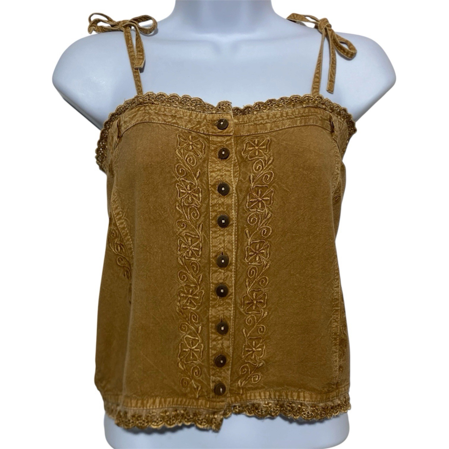Embroidered Cami Tank One Size Tan Button Front Tie Shoulder Cropped Lace Trim