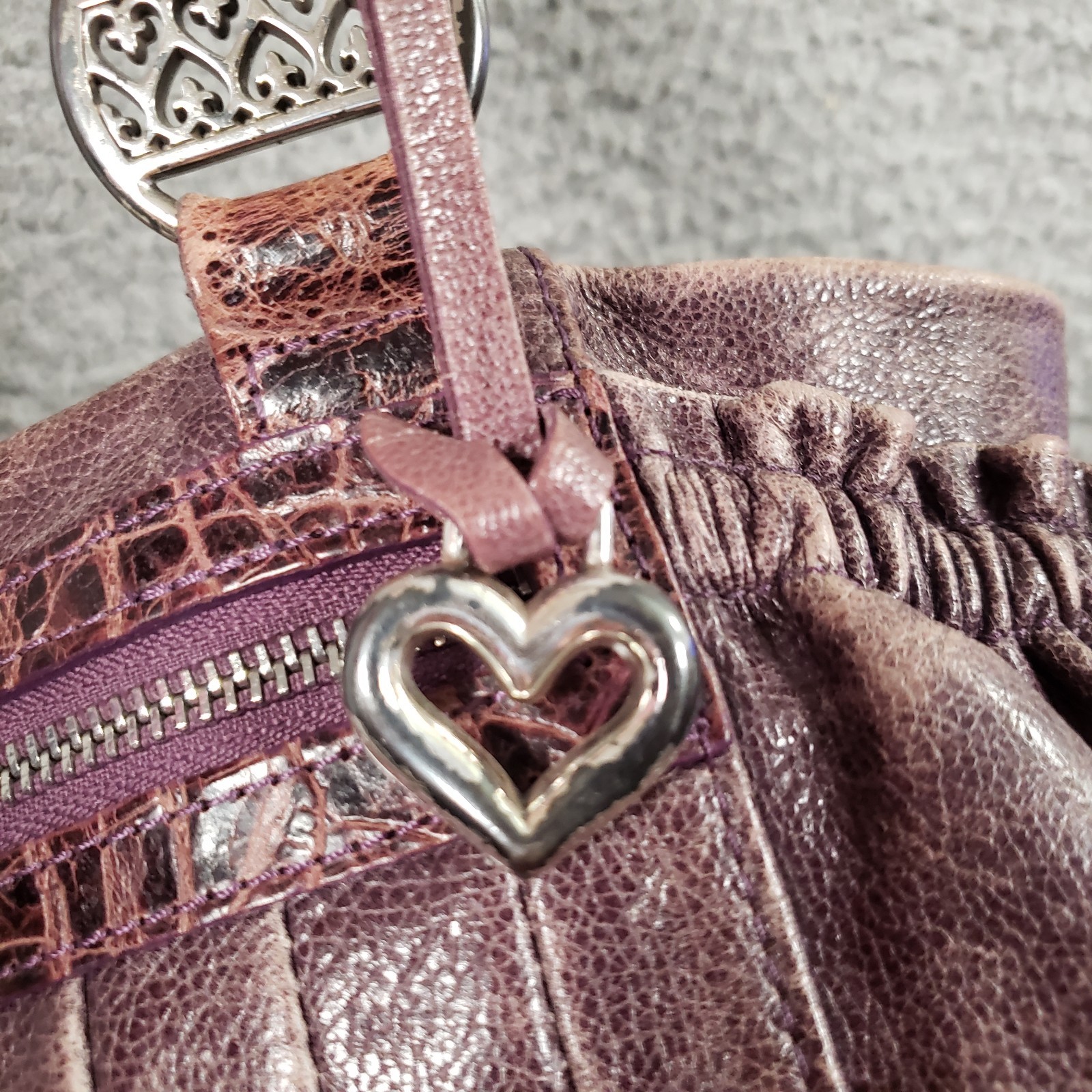Brighton Purple Distressed Leather Shoulder Bag Pleat Elastic Pockets Heart Rare