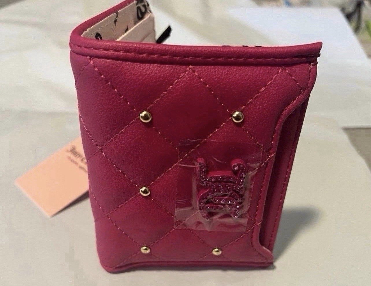 Juicy Couture Pink Quilted Studded Logo Folding Wallet, Credit Card