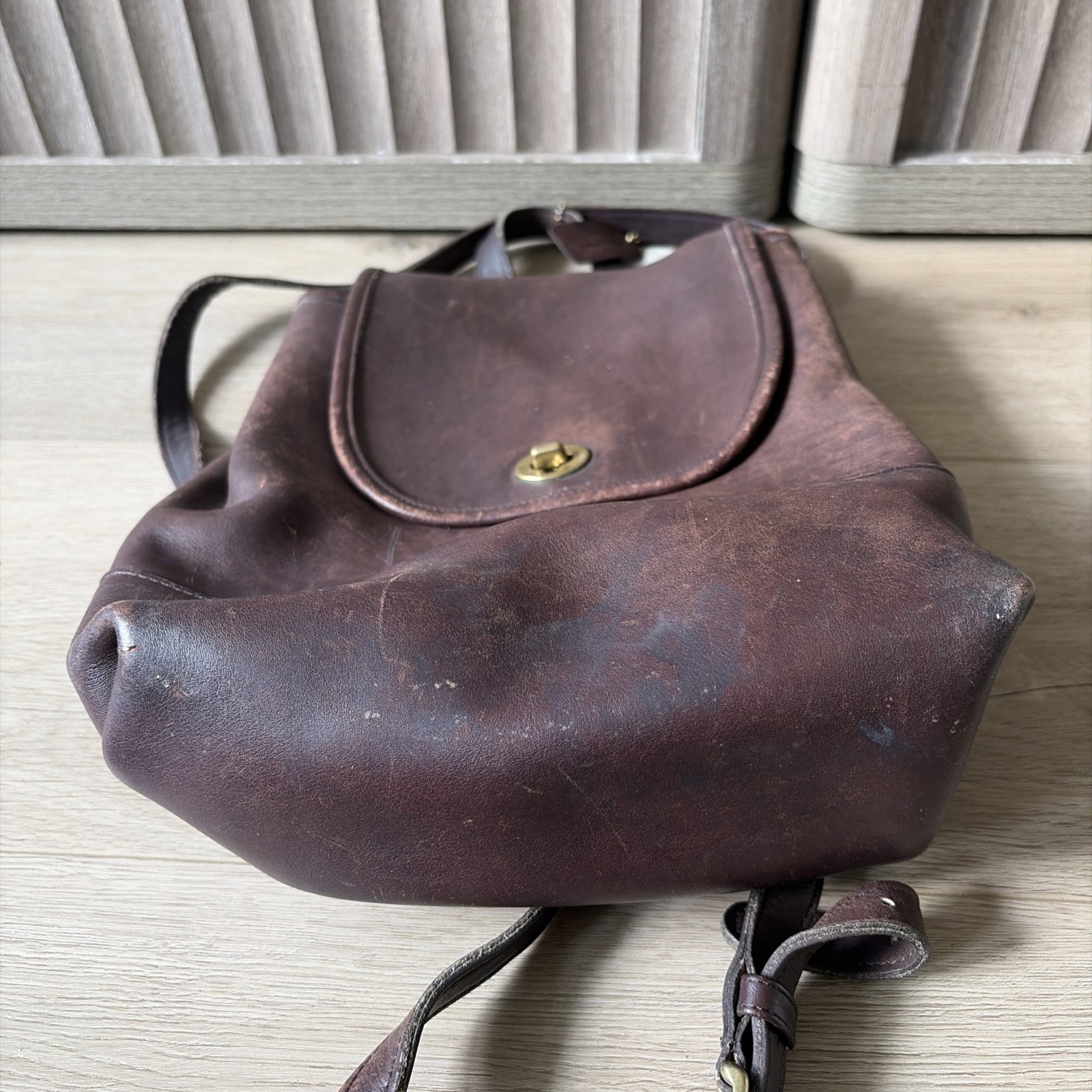 Vintage Coach USA Brown Leather Backpack Turnlock Drawstring Small Bag