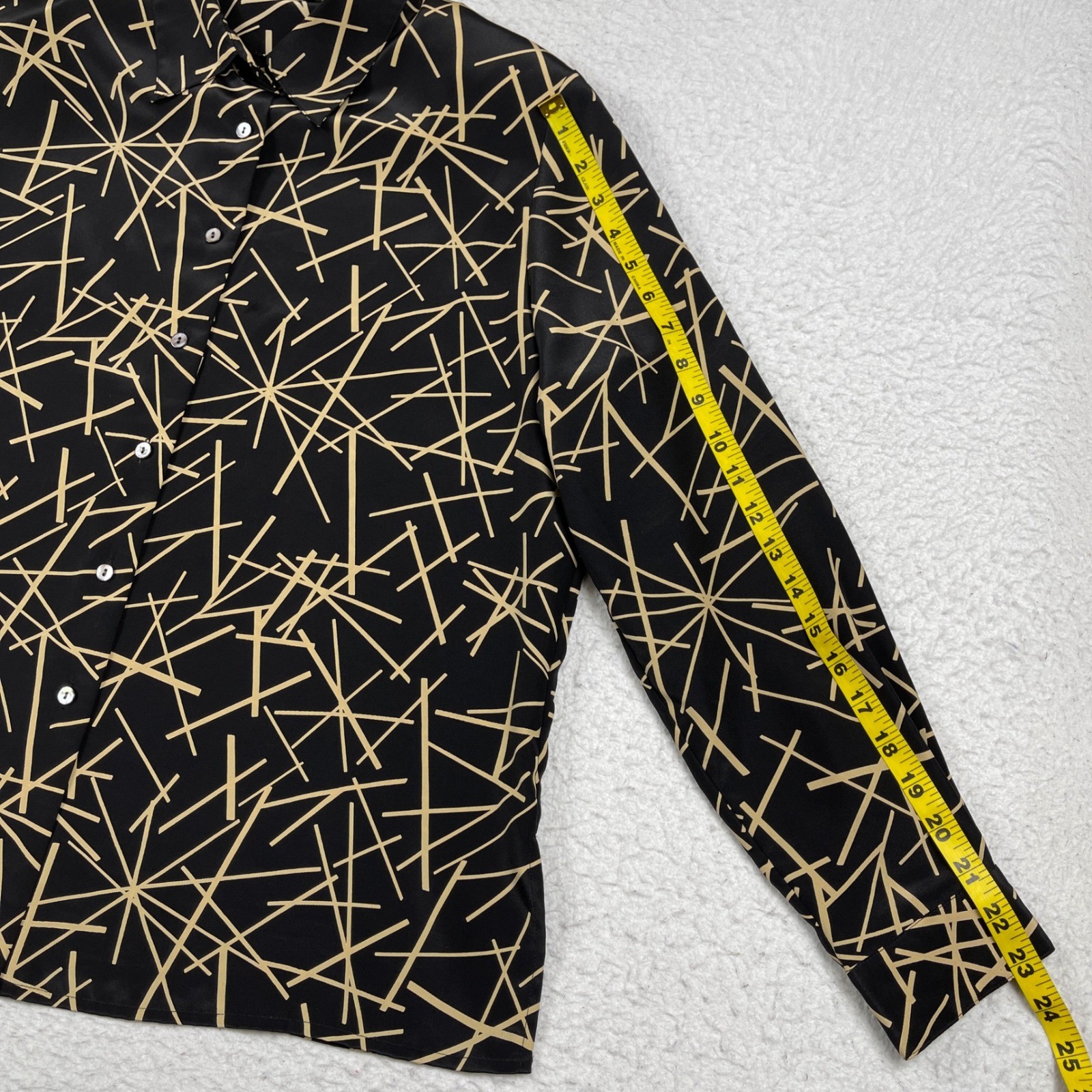 Notations Button Down Blouse Womens XL Black Tan Geometric Linear Shoulder Pads