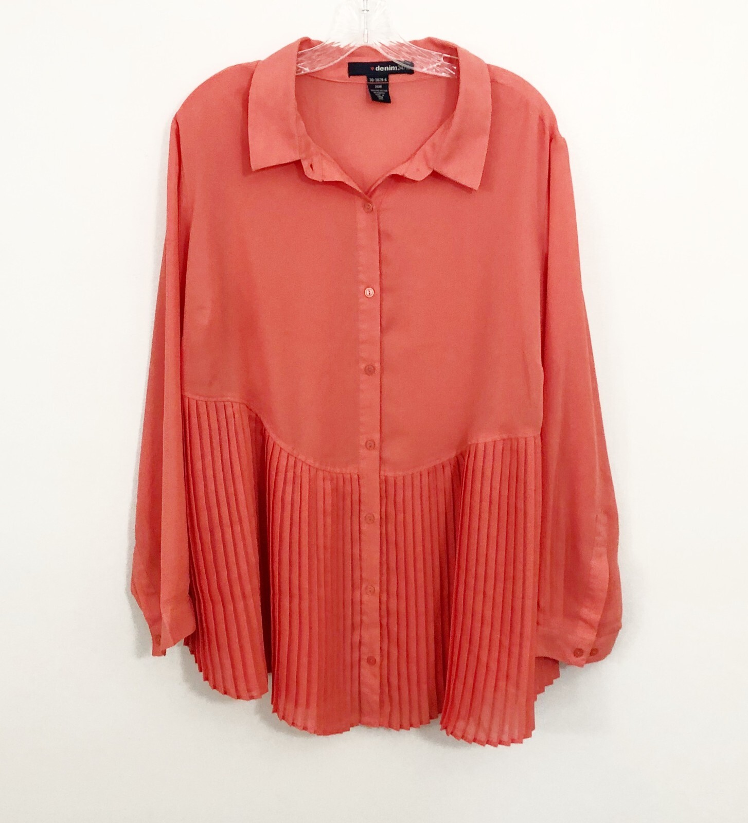 Top Women 3X Coral Blouse Boho Long Sleeves Sheer Pleated Peplum Hem 24W Career