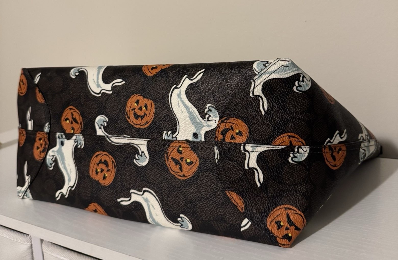 Coach Halloween Ghost & Pumpkin Print Large Tote, Black, Logo Charm, Open Top