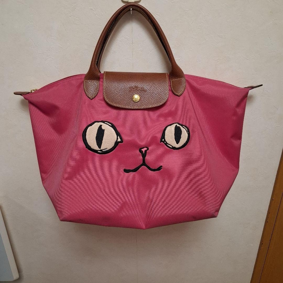 Longchamp Le Pliage Miao Pink Nylon Canvas Tote Hand Bag Limited Edition Cat Rar