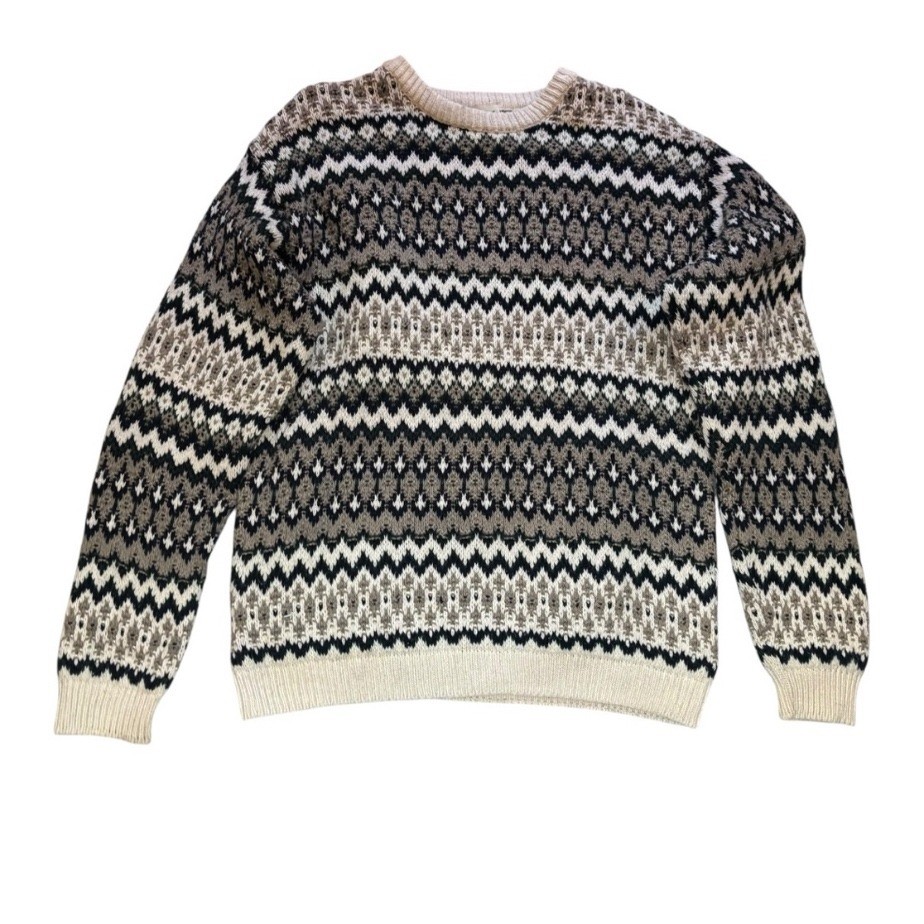 Eddie Bauer Mens Large Fair Isle Knit Cotton Sweater Beige Black Gray Green