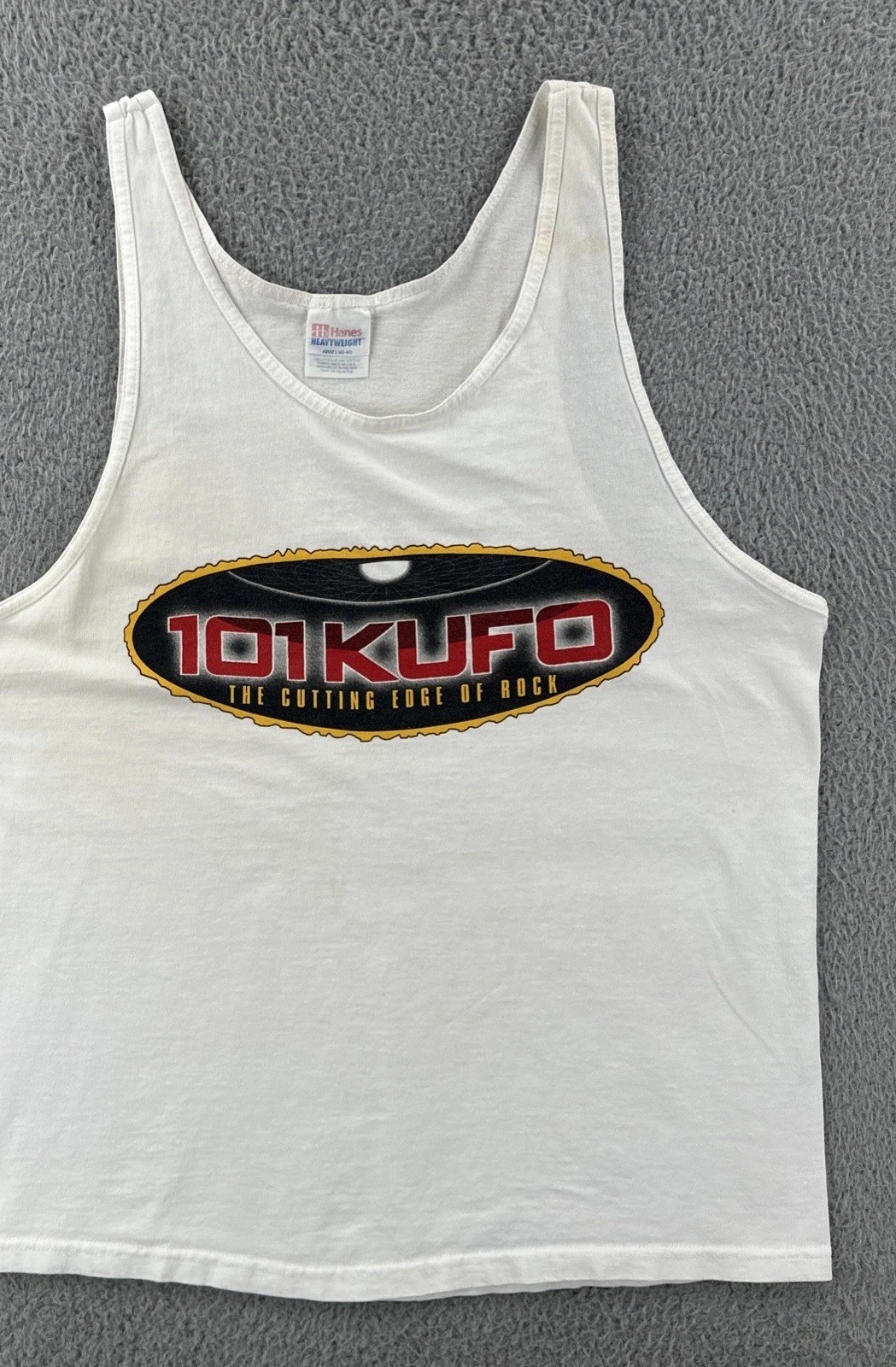 Vintage Hanes Men’s L White Sleeveless Shirt 101 KUFO the Edge Of Rock Radio Tee